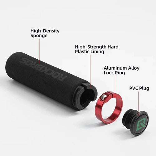 Mandotos ROCKBROS cycling grips for enhanced comfort and control, featuring padded handles and textured surface for secure grip.
