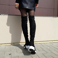Mandotos round toe sports high heel over knee boots in black, featuring sleek design and knee-high length for stylish footwear.