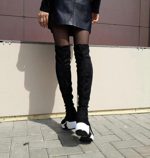 Mandotos round toe sports high heel over knee boots in black, featuring sleek design and knee-high length for stylish footwear.