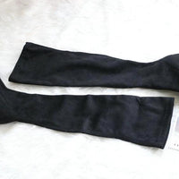 Mandotos round toe sports high heel over-the-knee boots in black with sleek design and chunky heel.