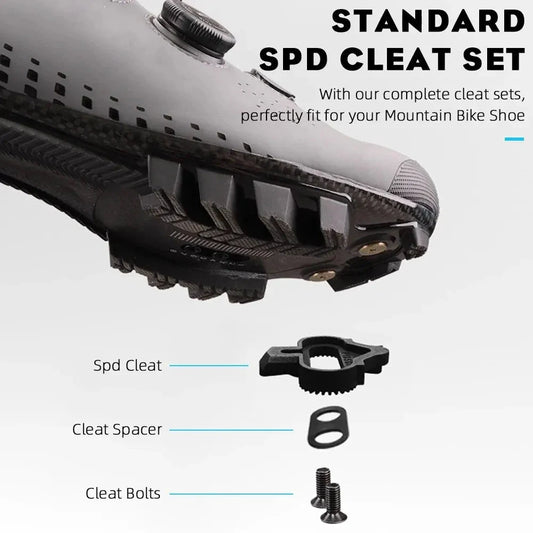 Mandotos RYET MTB clipless pedals with durable metal grip plates and cleats for mountain biking control and stability.