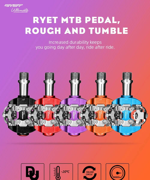 Mandotos RYET MTB clipless pedals with textured grip for mountain biking, shown mounted on a bike with rugged terrain background.