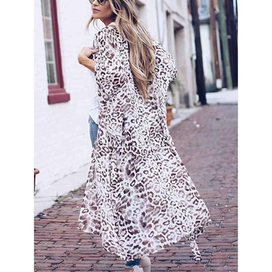 Mandotos Safari Chic Kimono featuring lightweight fabric, animal print design, and relaxed fit for stylish comfort.