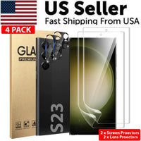 Mandotos screen protector for Samsung S23 and S22 Ultra, clear protective film fitting the US model, shown on the device.