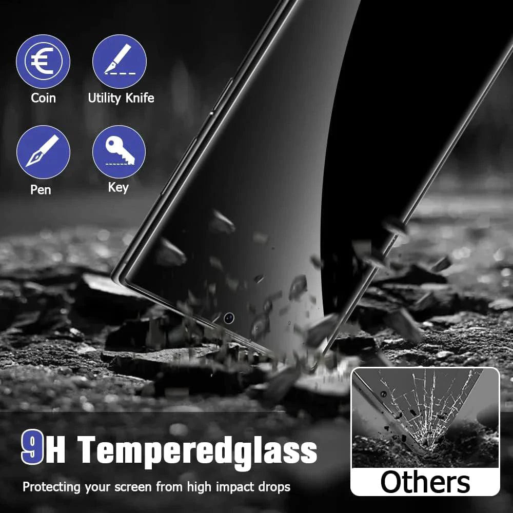 Mandotos screen protector for Samsung S23 and S22 Ultra, clear protective film showing installation on phone screen.
