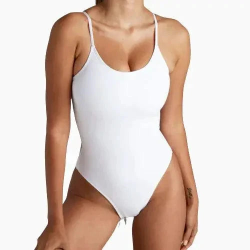 Mandotos sculpting beachwear bodysuit in black, showing its fitted design and seamless construction for a sleek, beach-ready look.