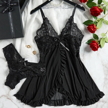 Transparent Red Sexy Lingerie Women's Underwear See Through Sleepwear Lace Nightdress And Panty Pijamas Sets Female Sexy Nighty - MANDOTOS