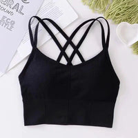 Mandotos women’s back cross strap tank top sports bra, breathable, soft fitness yoga bra with push-up and solid color design.