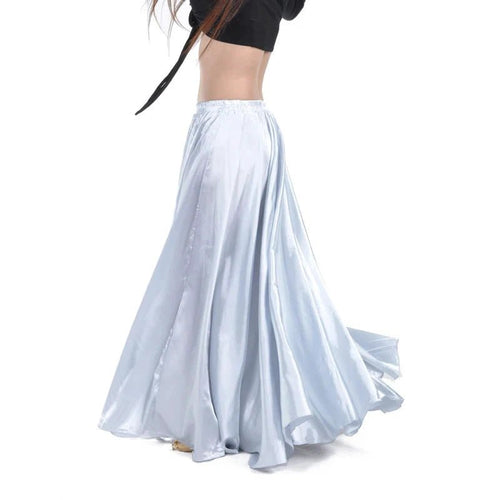 Mandotos shining satin long Spanish skirt for swing and belly dance, available in 14 vibrant colors, with flowing sun-inspired design.