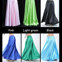 Mandotos shiny satin long Spanish dance skirt in vibrant sun colors, perfect for swing and belly dance performances.