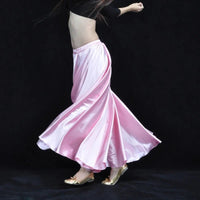 Mandotos shining satin long Spanish skirt for swing and belly dance, available in 14 colors, featuring flowing sun skirt design.