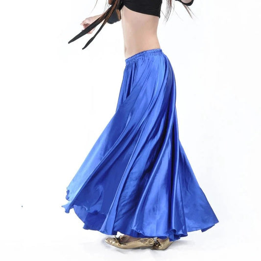 Mandotos shining satin long Spanish skirt for swing and belly dance, available in 14 colors, with flowing design and sun-inspired style.
