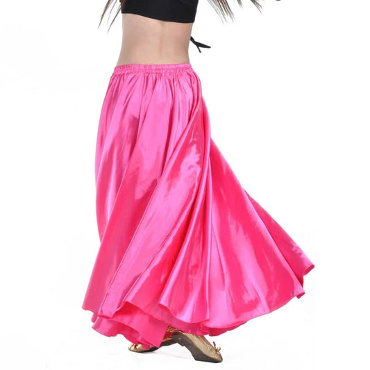 Mandotos shiny satin long Spanish skirt, ideal for swing and belly dance, available in 14 vibrant colors.