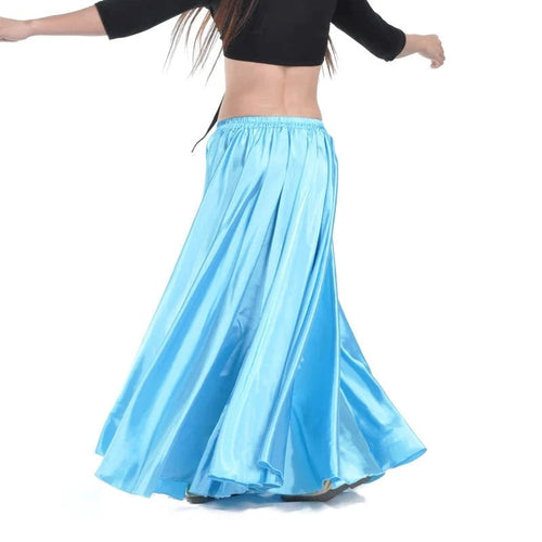 Mandotos shining satin long Spanish swing dance skirt in vibrant colors, perfect for belly dance and sun-inspired performances.