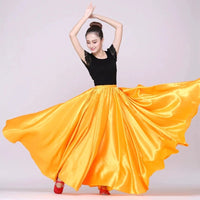 Mandotos shiny satin long Spanish skirt for swing dancing, belly dance, or sun wear, available in 14 vibrant colors.