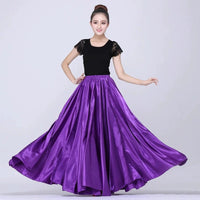 Mandotos shining satin long Spanish skirt for swing and belly dance, available in 14 colors, with flowing sun skirt design.
