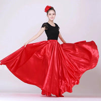 Mandotos shining satin long Spanish dance skirt with swing design, available in 14 colors for belly dance and sun dance performances.