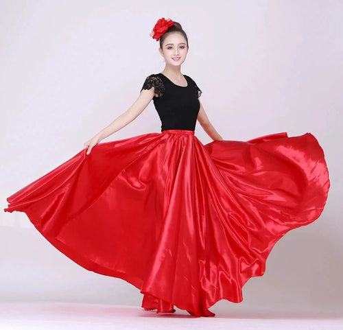 Mandotos shining satin long Spanish dance skirt with swing design, available in 14 colors for belly dance and sun dance performances.