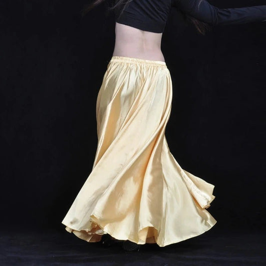 Mandotos shining satin long Spanish skirt with swing design, perfect for belly dance and dance performances, available in 14 colors.