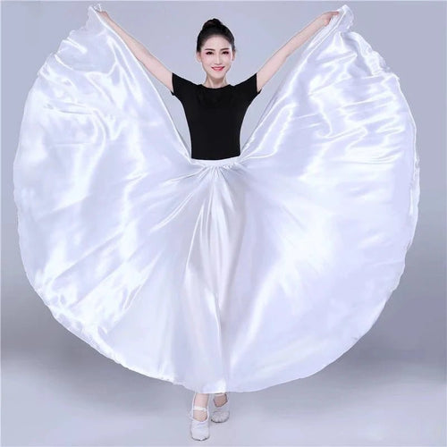 Mandotos shining satin long Spanish skirt for swing and belly dance, available in 14 colors, with a flowing sun-inspired design.