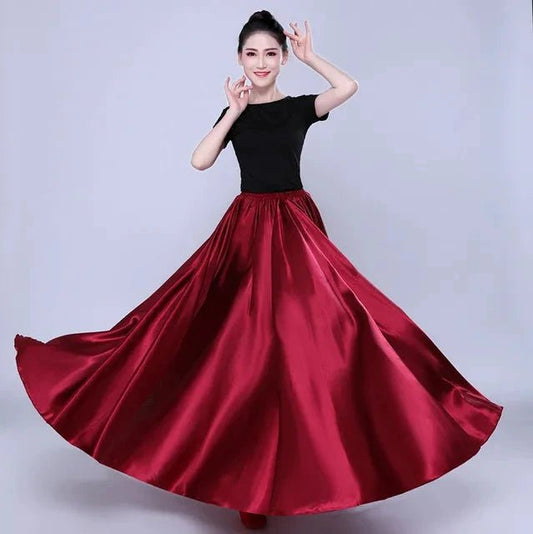 Mandotos shining satin long Spanish skirt, swing dance and belly dance style, available in 14 vibrant sun skirt colors.