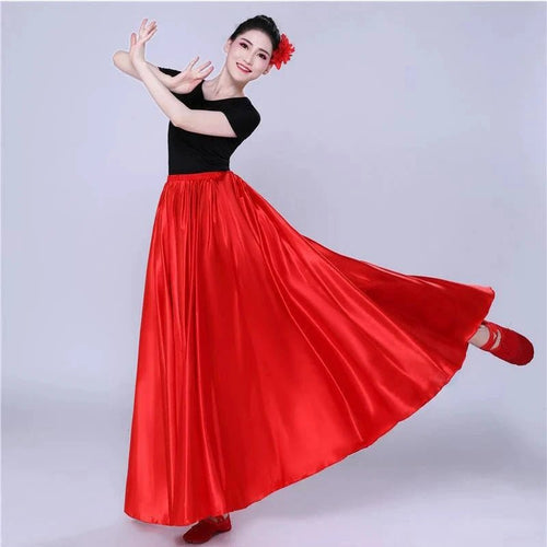 Mandotos shining satin long Spanish skirt for swing and belly dance, available in 14 colors, with flowing design and sun-inspired style.