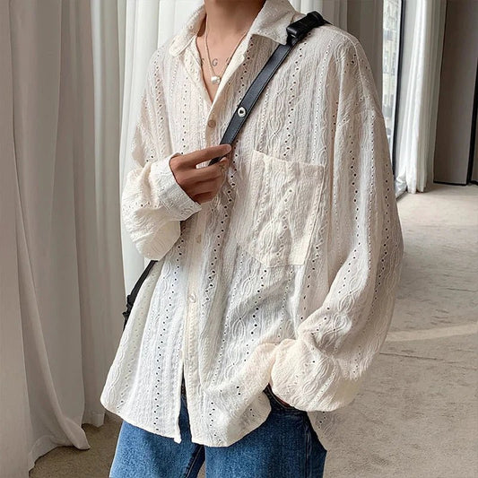 Shirts for men Apricot Handsome Lapel Men Blouse Vacation Hollow Out Sexy Fashion Men Clothing Male Mesh Long-sleeved Shirts - MANDOTOS