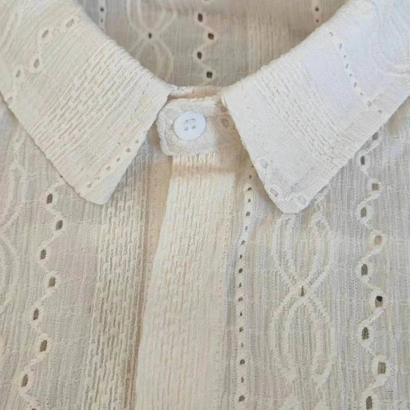 Mandotos apricot men's long-sleeved mesh shirt with lapel, hollow-out design, stylish vacation fashion blouse for men