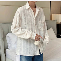Mandotos apricot men's long-sleeved mesh shirt with lapel, hollow-out design, perfect for stylish vacation or casual wear.