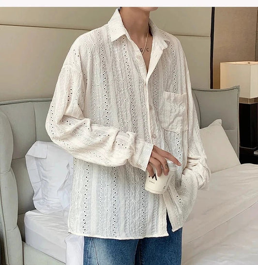 Shirts for men Apricot Handsome Lapel Men Blouse Vacation Hollow Out Sexy Fashion Men Clothing Male Mesh Long-sleeved Shirts - MANDOTOS