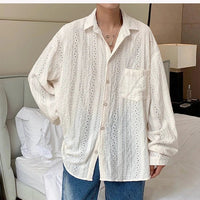 Mandotos men's apricot long-sleeved mesh shirt with lapel, hollow-out design, stylish vacation men's fashion blouse.