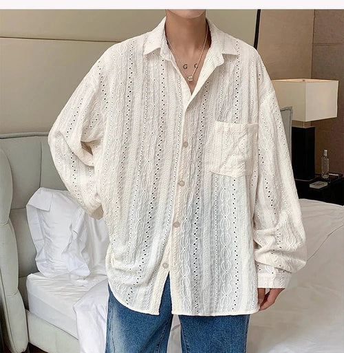 Shirts for men Apricot Handsome Lapel Men Blouse Vacation Hollow Out Sexy Fashion Men Clothing Male Mesh Long-sleeved Shirts - MANDOTOS