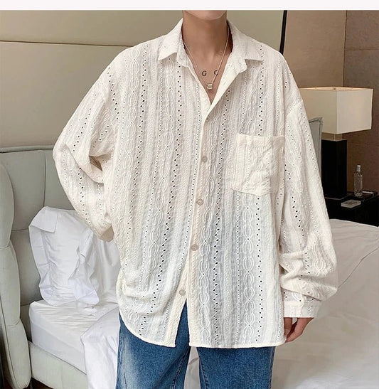 Shirts for men Apricot Handsome Lapel Men Blouse Vacation Hollow Out Sexy Fashion Men Clothing Male Mesh Long-sleeved Shirts - MANDOTOS