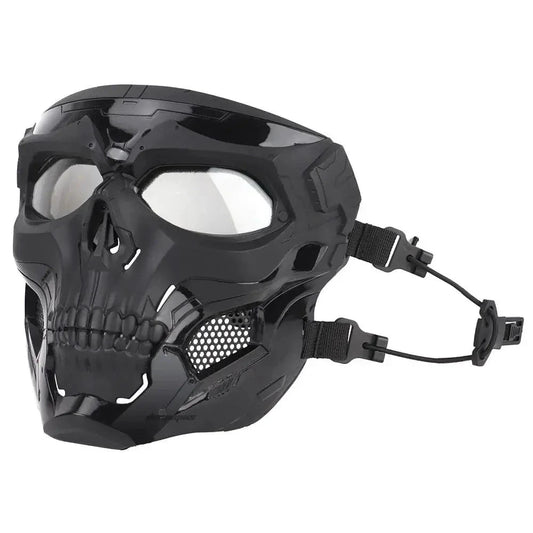 Mandotos Skull Tactical Sports Mask showing a black mask with skull design, designed for tactical sports and outdoor activities.