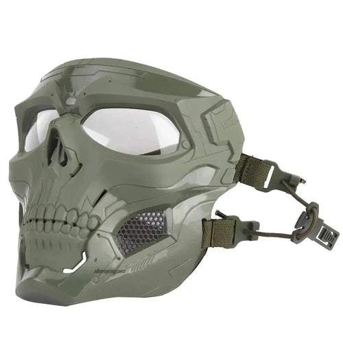 Mandotos Skull Tactical Sports Mask covering face with skull design, breathable material, suitable for outdoor activities and tactical use.