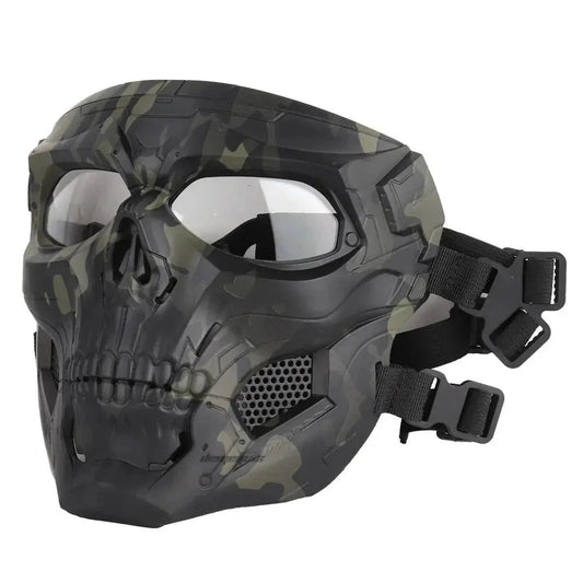 Mandotos Skull Tactical Sports Mask featuring a bold skull design, breathable fabric, and adjustable straps for outdoor activities.
