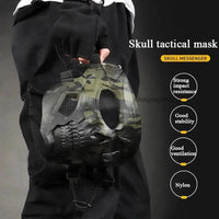 Mandotos Skull Tactical Sports Mask showing a black mask with skull design, breathable fabric, and adjustable straps.