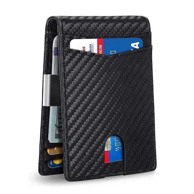 Mandotos slim RFID leather wallet showing multiple card slots and sleek design on black leather background.