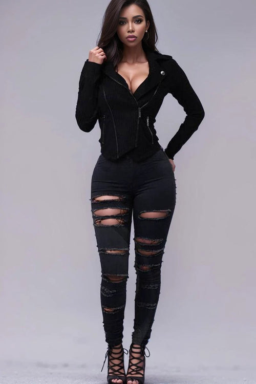 Mandotos SlimFit women's slimming stretch leggings with trendy rips, showcasing their fitted design and fashionable ripped details.