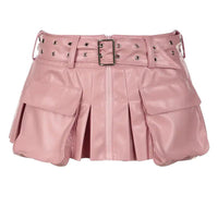 Mandotos Spice Faux Leather Pleat Mini skirt with front pleats and fitted waist, showcasing a stylish mini length and textured fabric.
