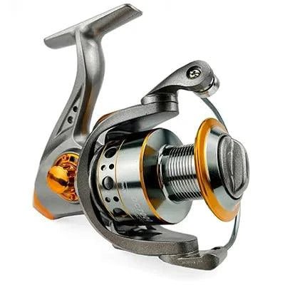 Mandotos SpinMaster Series 1000-7000 fishing reel with metal spool and ergonomic handle, suitable for freshwater and saltwater fishing.