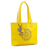 Mandotos Sprout Leather Tote in vibrant lemon yellow, featuring sturdy handles and spacious interior for everyday use.