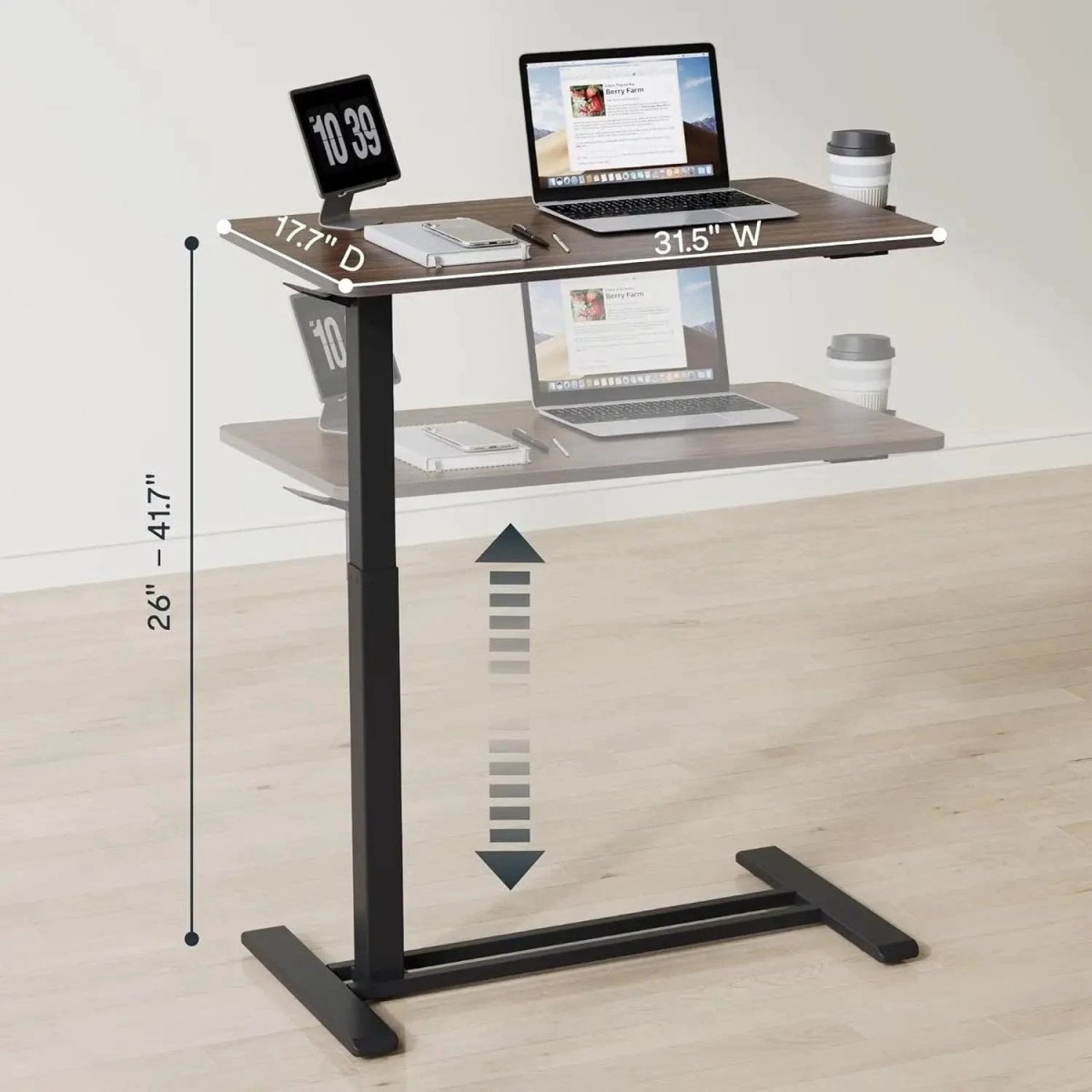 Mandotos standing scroll side table with hidden wheels and height adjustment, ideal for bedside or living room use.