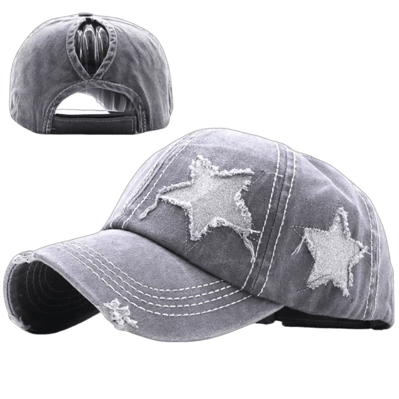 Mandotos star denim baseball cap with adjustable strap, featuring a front star design and classic curved brim.