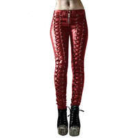 Mandotos steampunk leather skinny pants with fitted design and detailed leather accents, perfect for a bold, edgy look.
