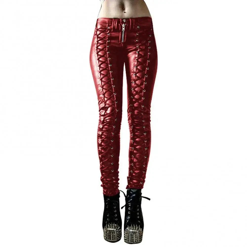 Mandotos steampunk leather skinny pants with fitted design and detailed leather accents, perfect for a bold, edgy look.