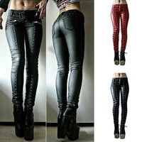 Mandotos steampunk leather skinny pants with detailed gear and cog accents, fitted design, and high-quality brown leather material.