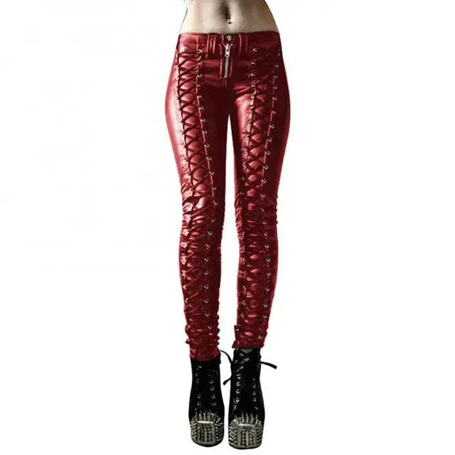 Mandotos steampunk leather skinny pants featuring a fitted design and intricate detailing on dark brown leather.