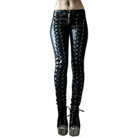 Mandotos steampunk leather skinny pants featuring detailed stitching and a sleek fit, perfect for a stylish, edgy look.