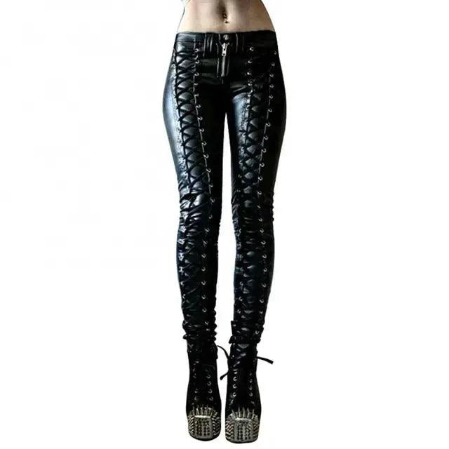 Mandotos steampunk leather skinny pants featuring a fitted design with buckles and brass accents, perfect for a bold, vintage-inspired look.